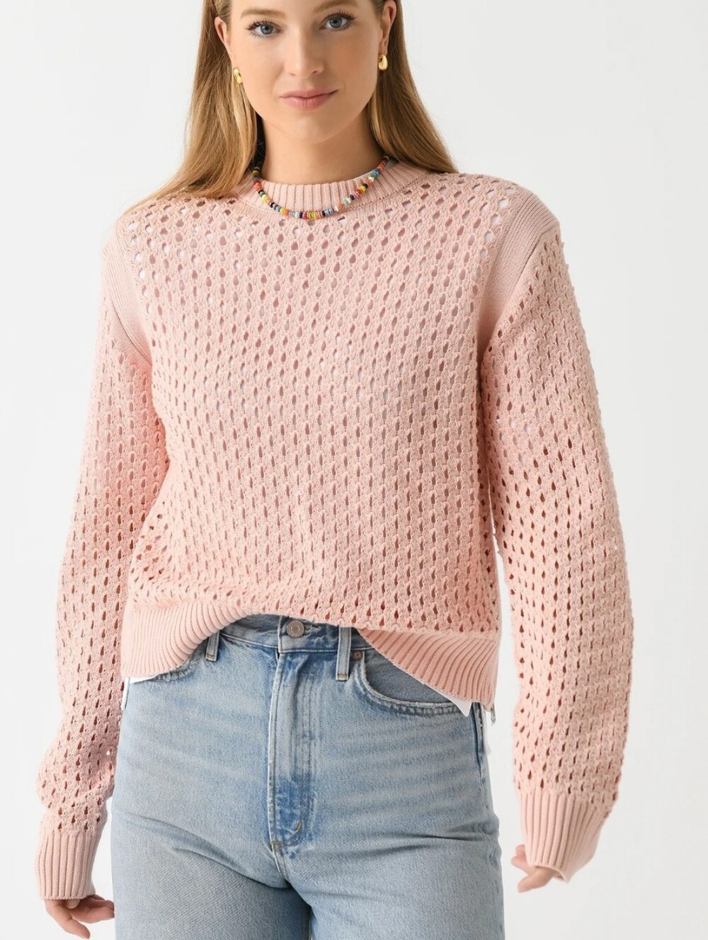 Varley Hains Knit Crew Sweater Womens S Pink Crochet Open Knit Cotton Zip Hem